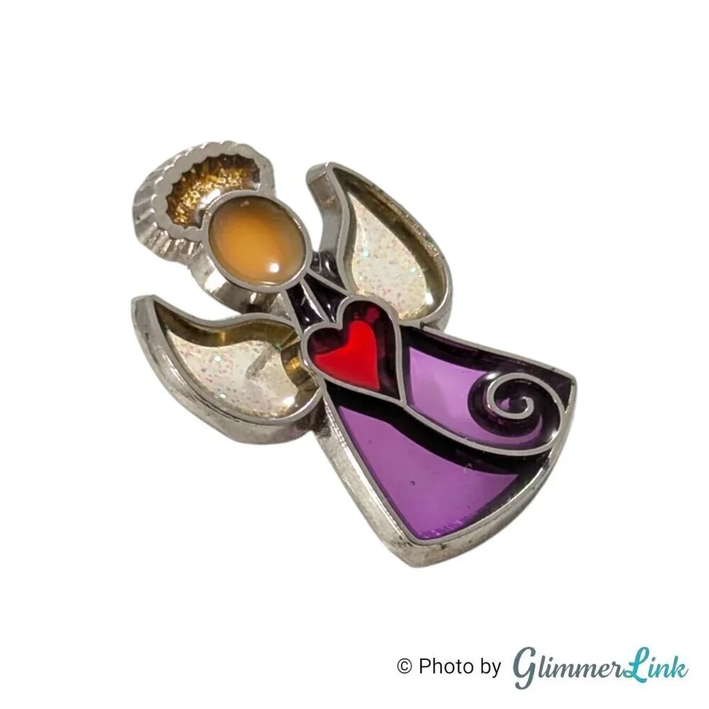Dainty Stained Glass Glittery Purple Yellow Angel Red Heart Lapel Pin